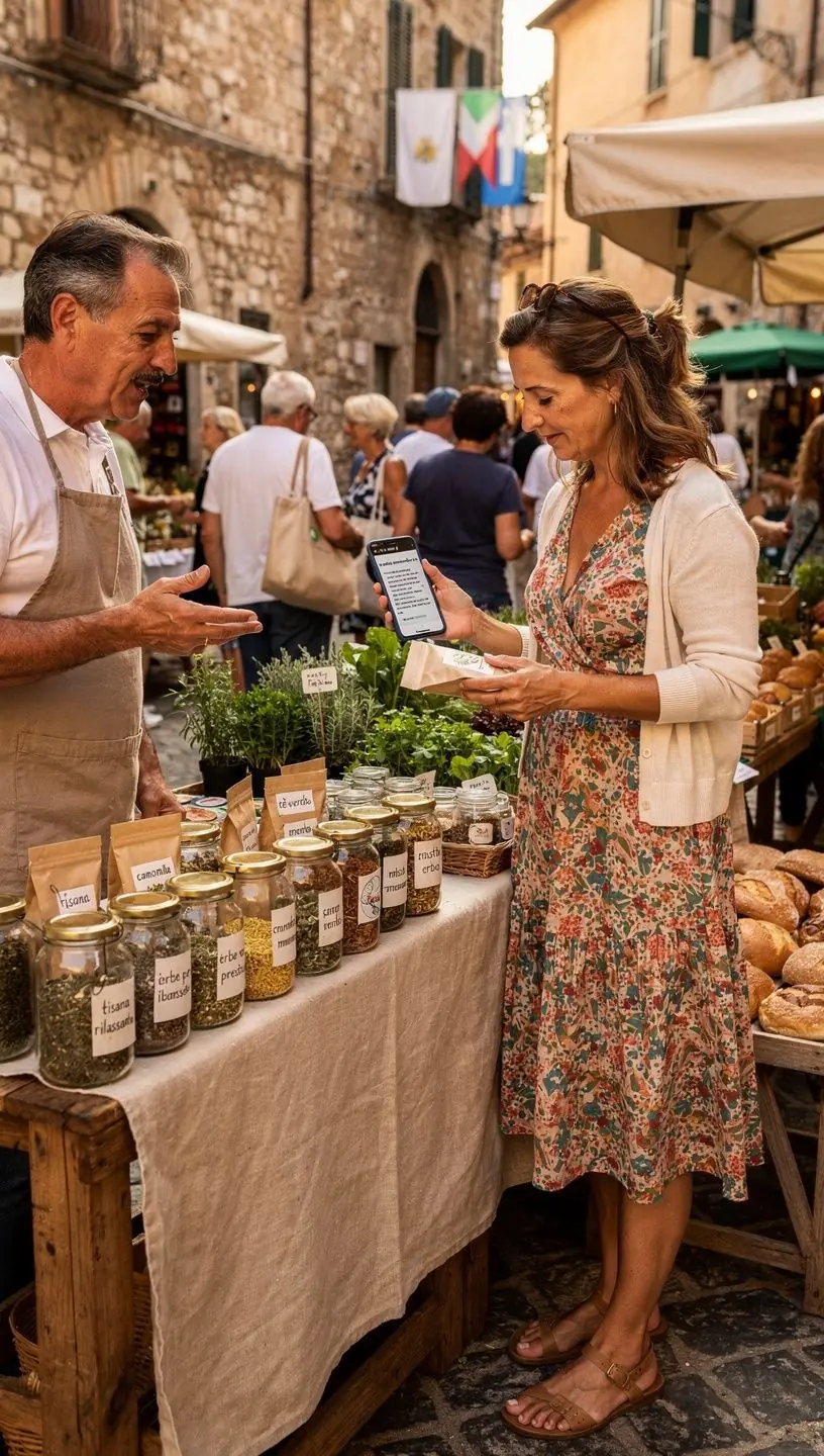 Un piattino con una bustina di tè e un cucchiaino d'argento accanto a una tazza.