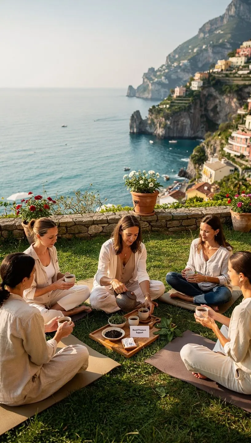 Un paesaggio sereno con una teiera e tazze di tè su un tavolo all'aperto.